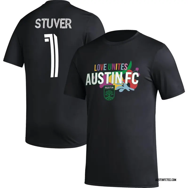 Men's Austin FC ＃1 Brad Stuver Black Name & Number Love Unites T-Shirt