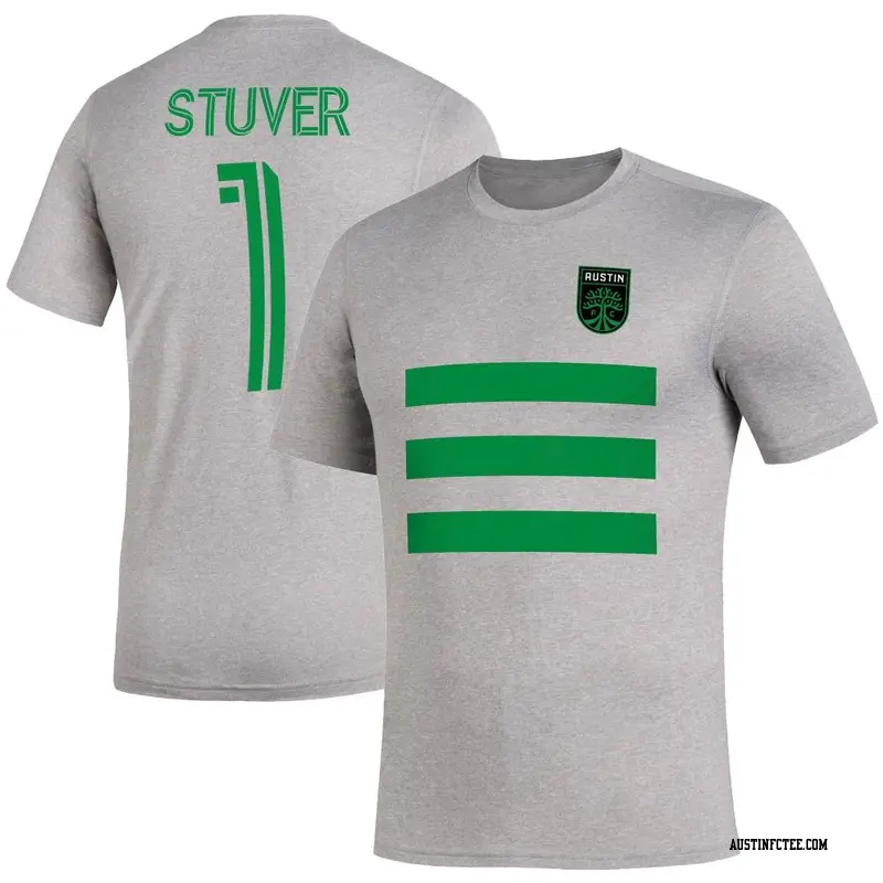Men's Austin FC ＃1 Brad Stuver Gray Heathered Name & Number Three Stripe Life Pitch T-Shirt