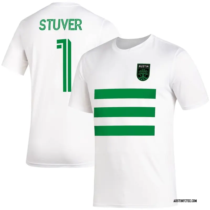 Men's Austin FC ＃1 Brad Stuver White Name & Number Three Stripe Life Pitch T-Shirt