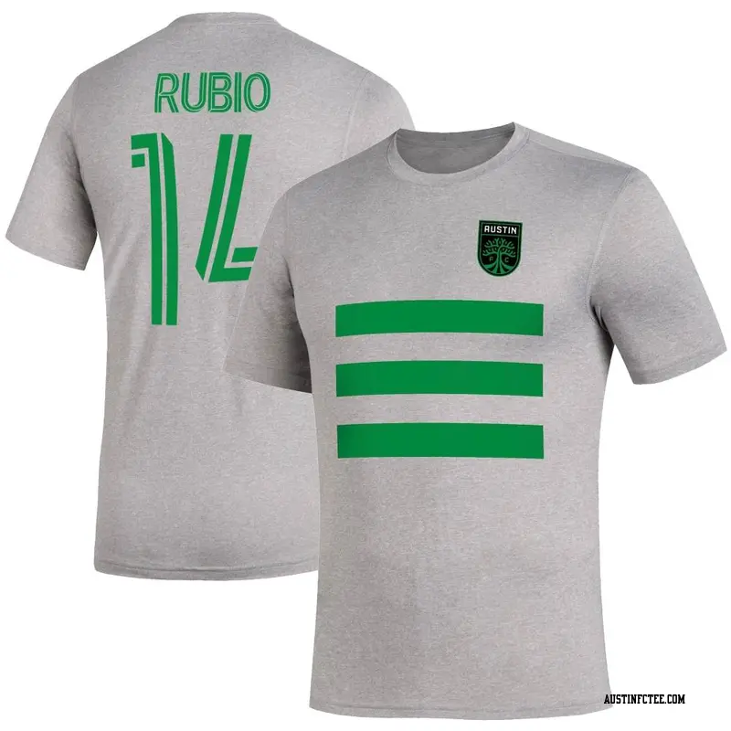 Men's Austin FC ＃14 Diego Rubio Gray Heathered Name & Number Three Stripe Life Pitch T-Shirt