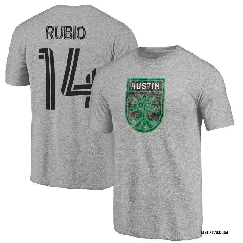 Youth Austin FC ＃14 Diego Rubio Gray Name & Number Distressed Primary T-Shirt