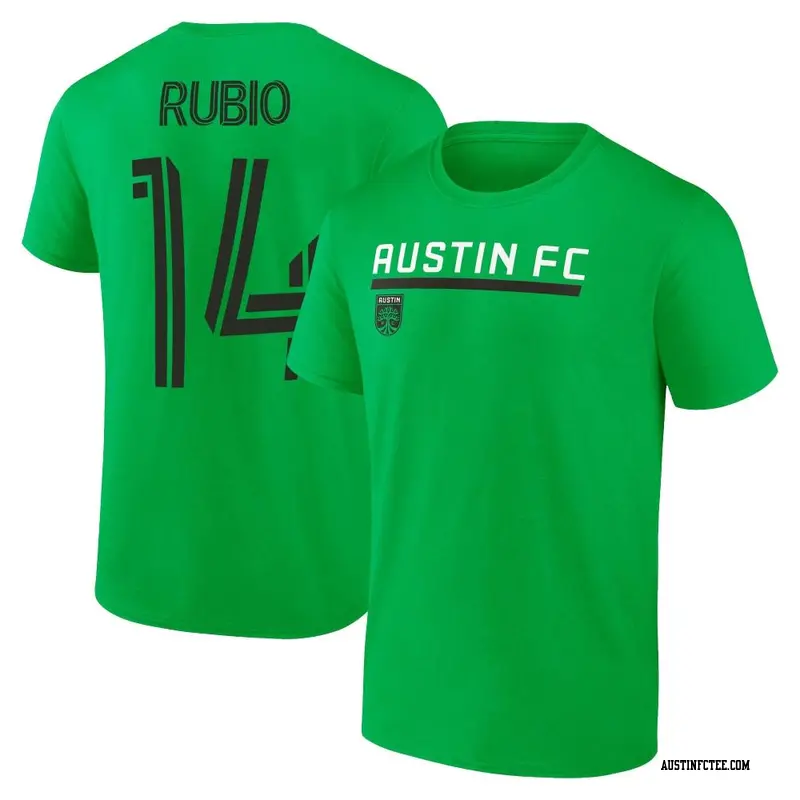 Youth Austin FC ＃14 Diego Rubio Green Name & Number Stacked Slant T-Shirt