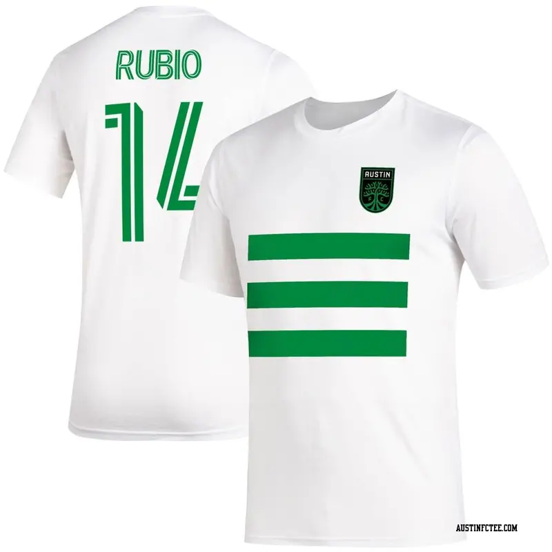 Youth Austin FC ＃14 Diego Rubio White Name & Number Three Stripe Life Pitch T-Shirt